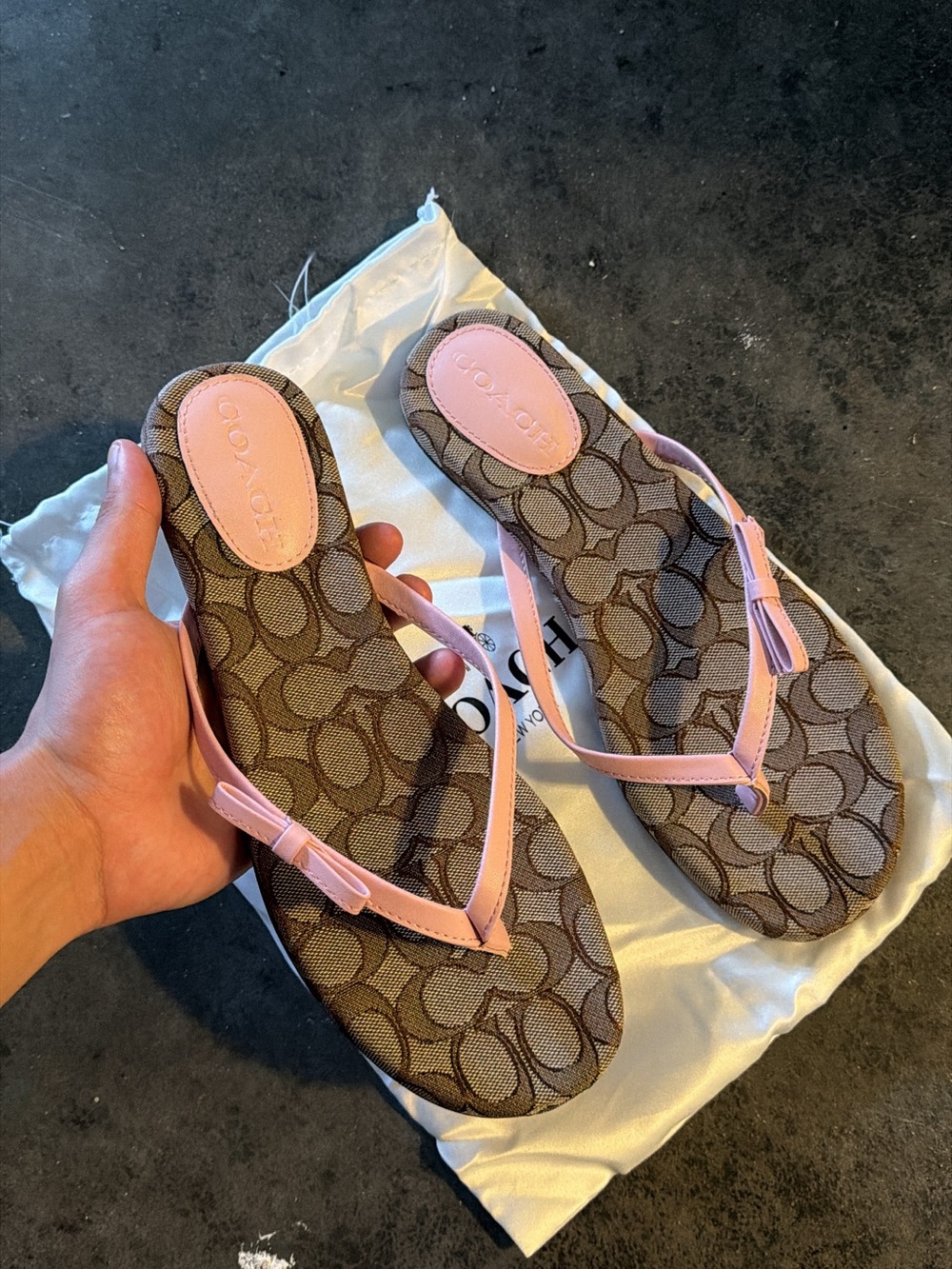 Coach Brown Monogram Flip Flops with Pink Straps